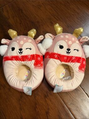 Squishmallows Pink Deer Kids Slippers with Gold Antlers and Red Scarves